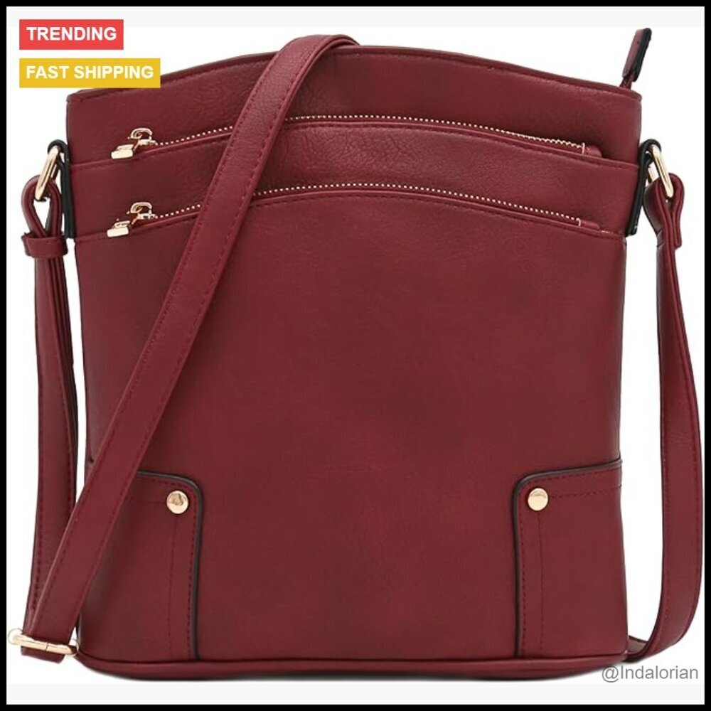 Large Crossbody Bag Triple Zip Pocket Faux Leather Adjustable Strap Chic